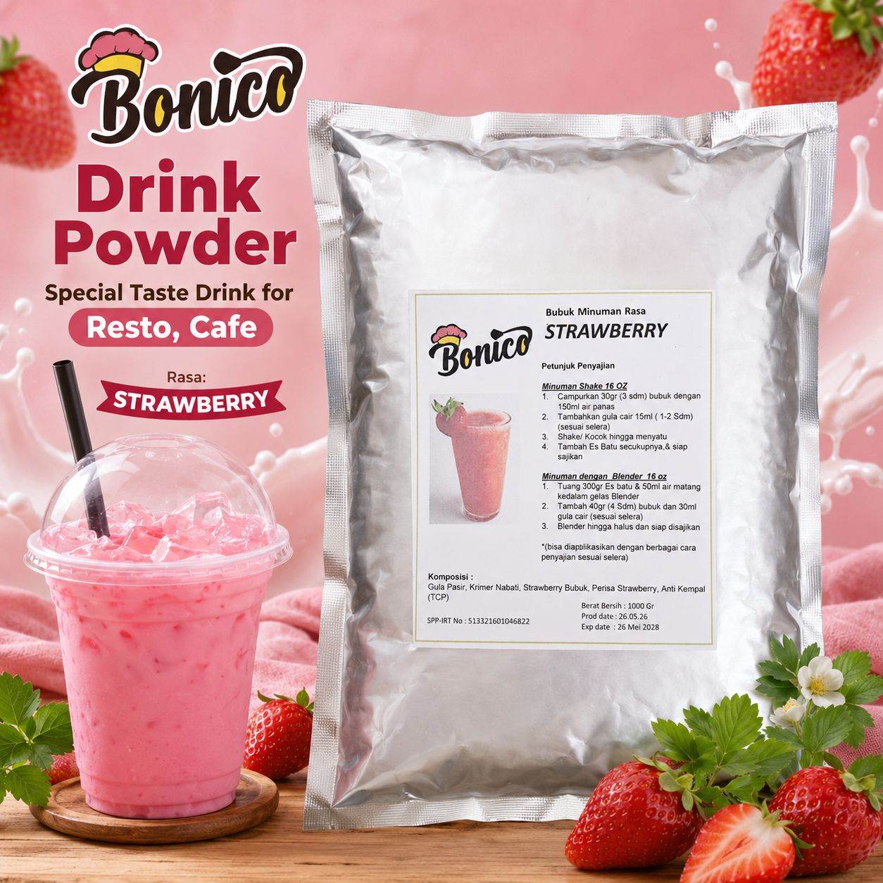 STRAWBERRY Bubuk Minuman Bonico 1Kg drink powder kedai UMKM Cafe Resto STROBERI
