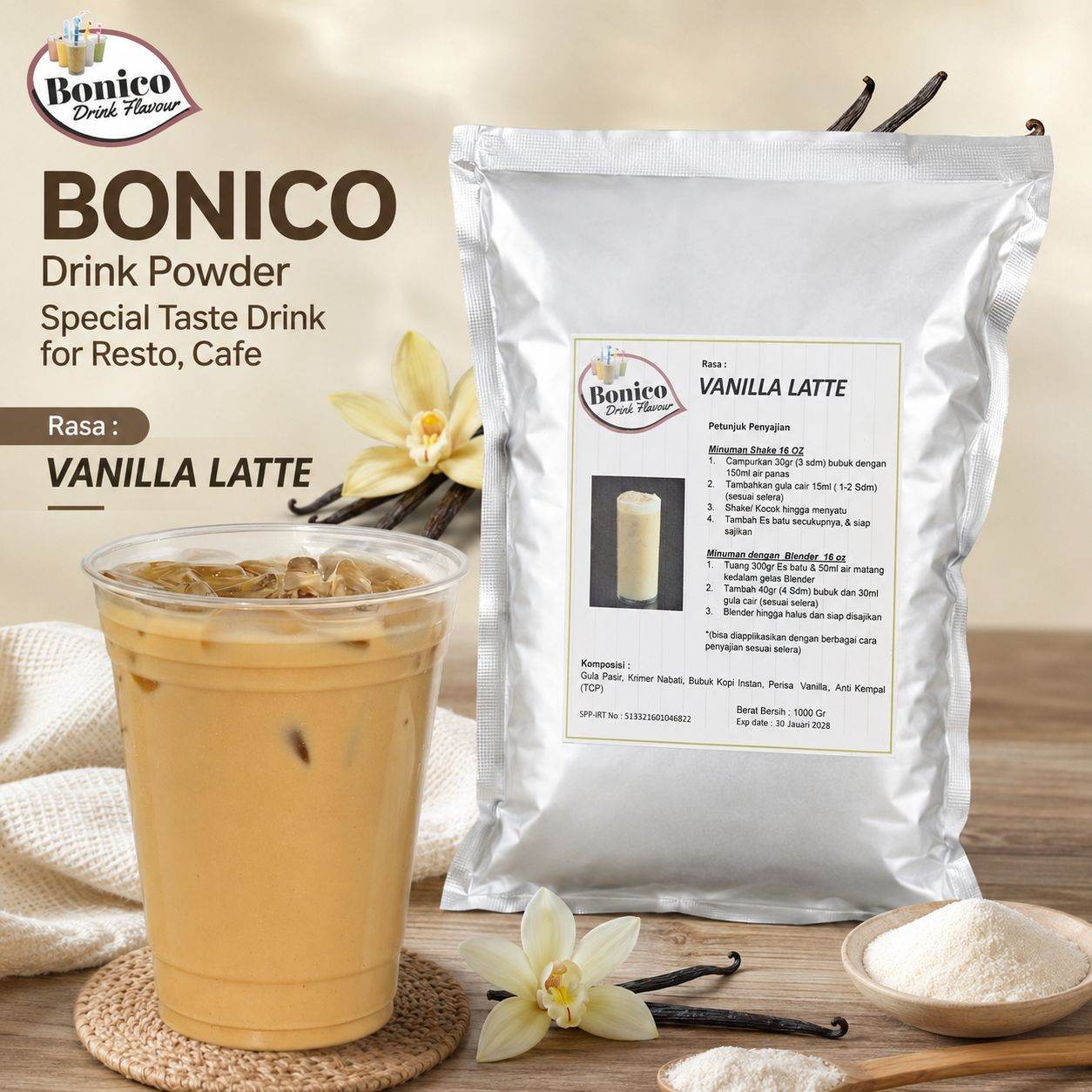 VANILLA LATTE Bubuk Minuman Bonico 1Kg drink powder kedai UMKM Cafe Resto VANILA LATE