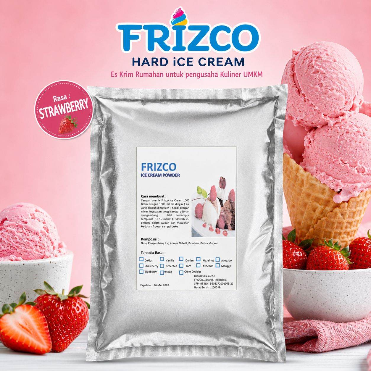 STRAWBERRY Frizco 1KG Hard Ice cream Bubuk Eskrim mixer rumahan UMKM