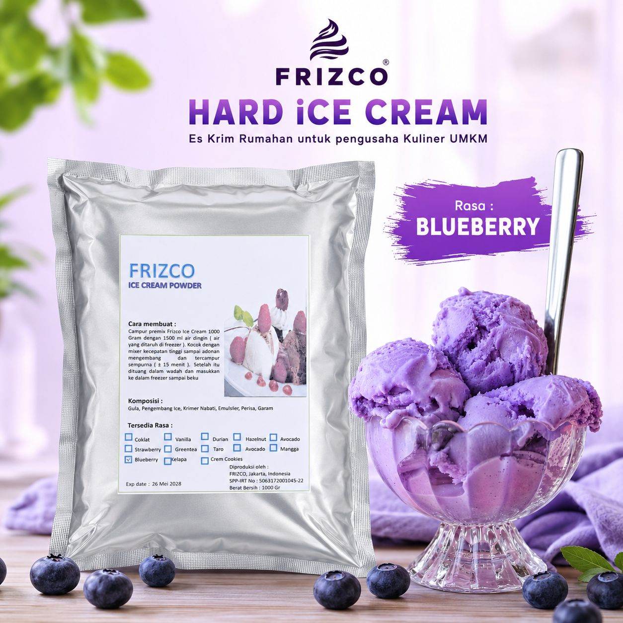 BLUEBERRY Frizco 1KG Hard Ice cream Bubuk Eskrim mixer rumahan UMKM