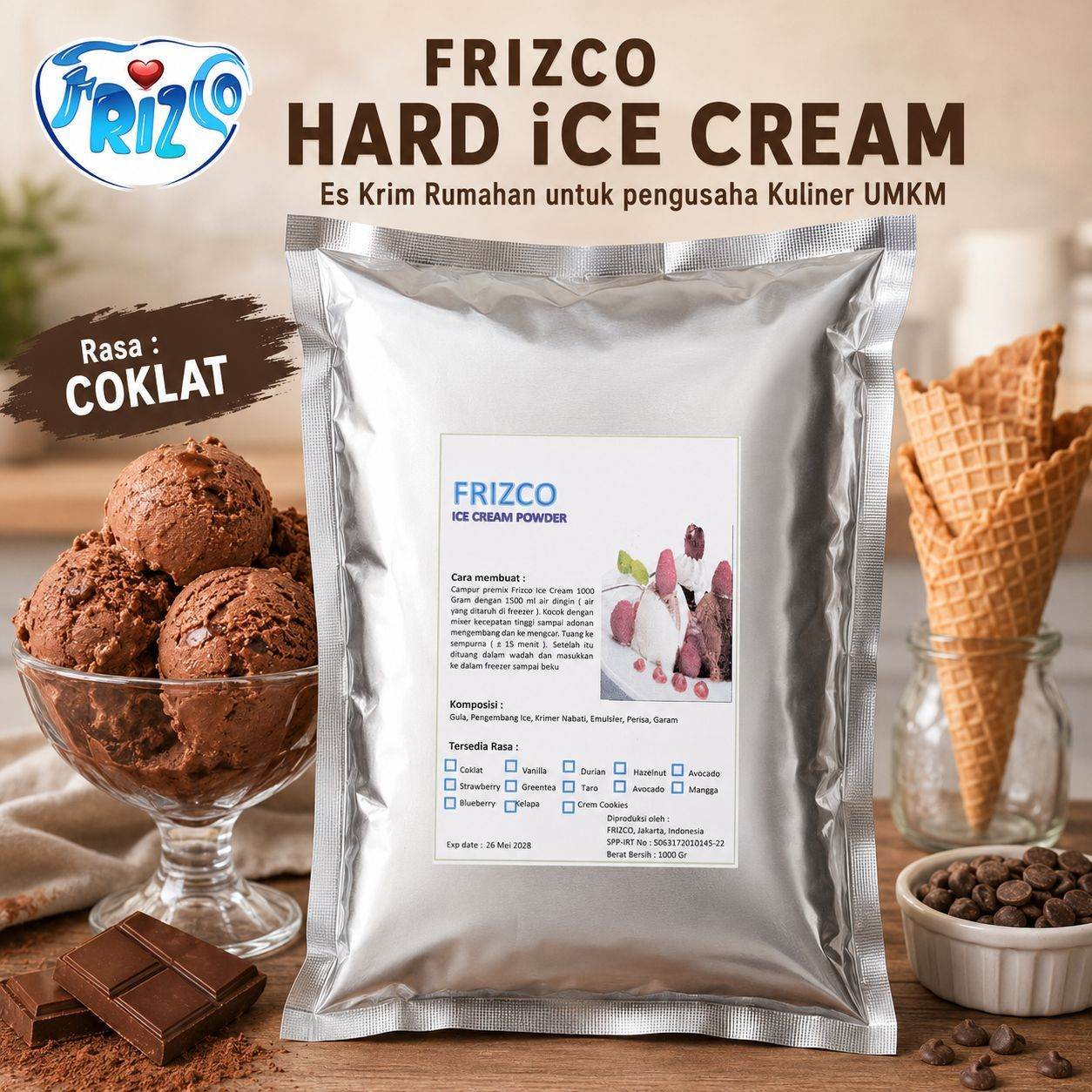 COKLAT Frizco 1KG Hard Ice cream Bubuk Eskrim mixer rumahan UMKM