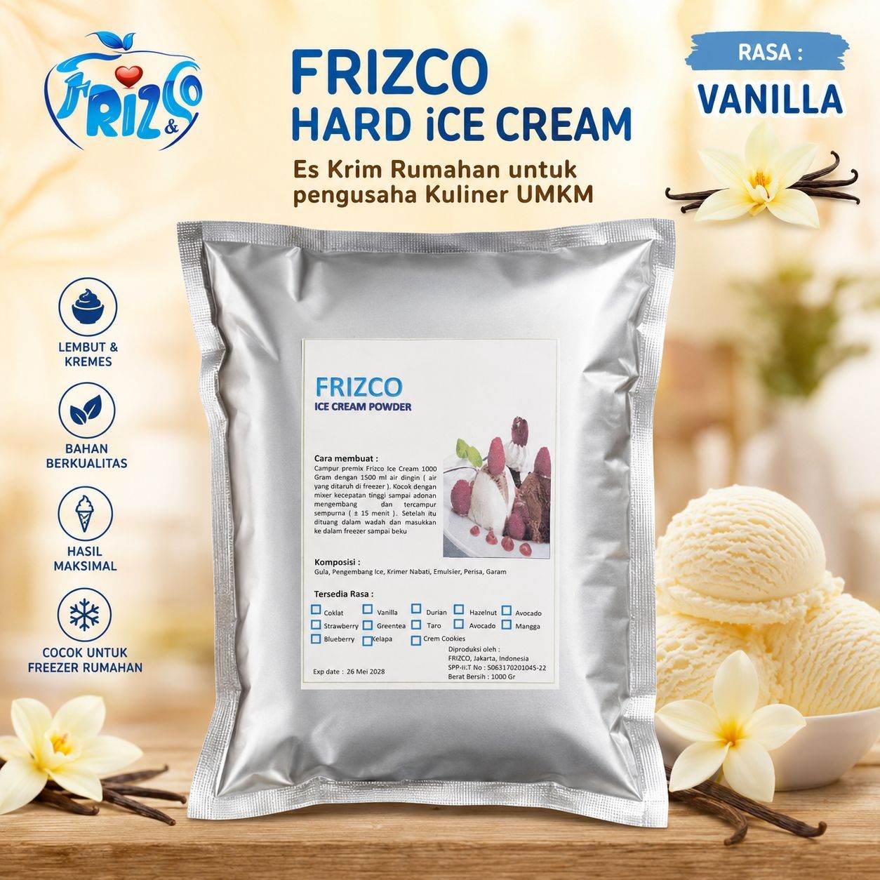 VANILLA Frizco 1KG Hard Ice cream Bubuk Eskrim mixer rumahan UMKM