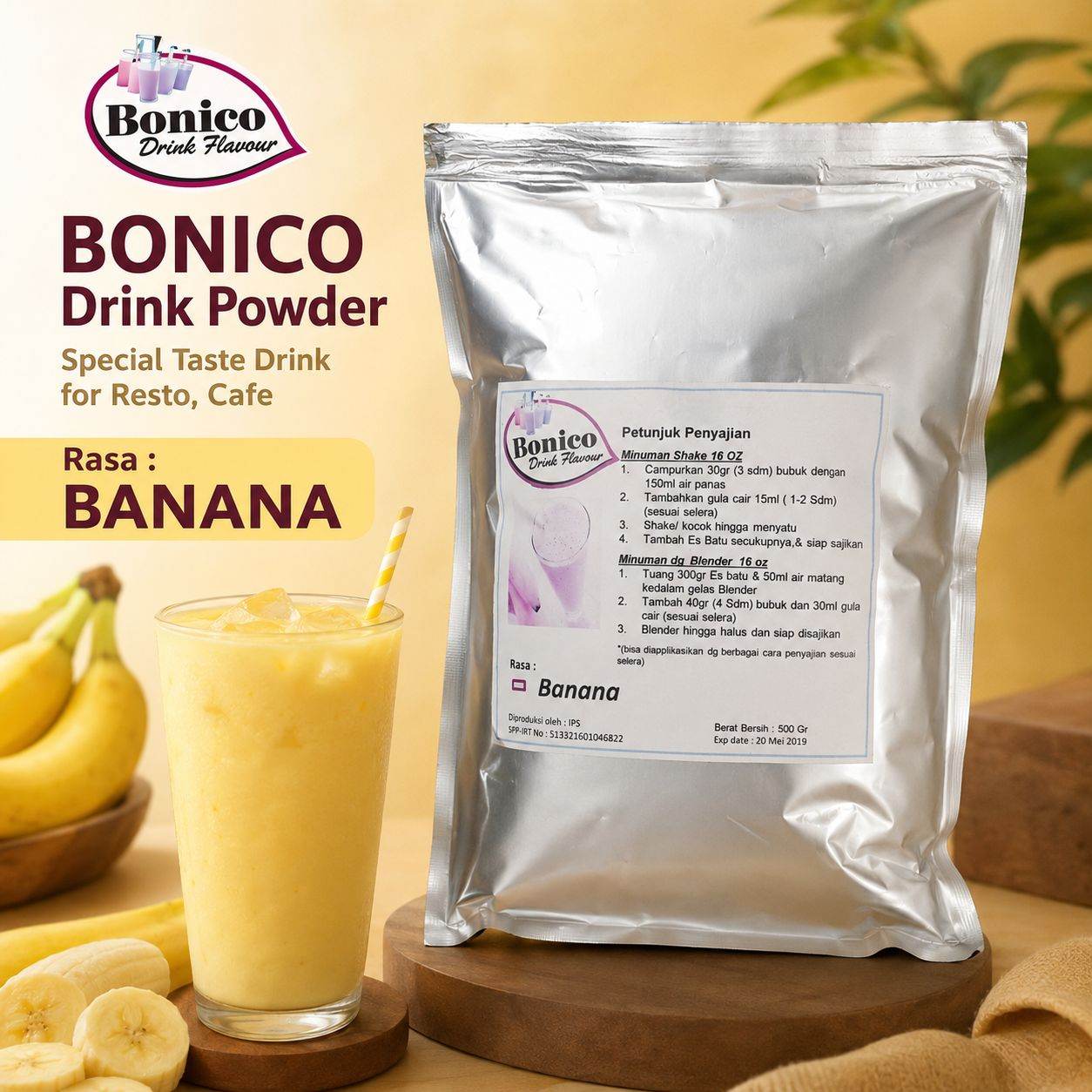 BANANA 500gr Bubuk Minuman Bonico, serbuk drink powder PISANG