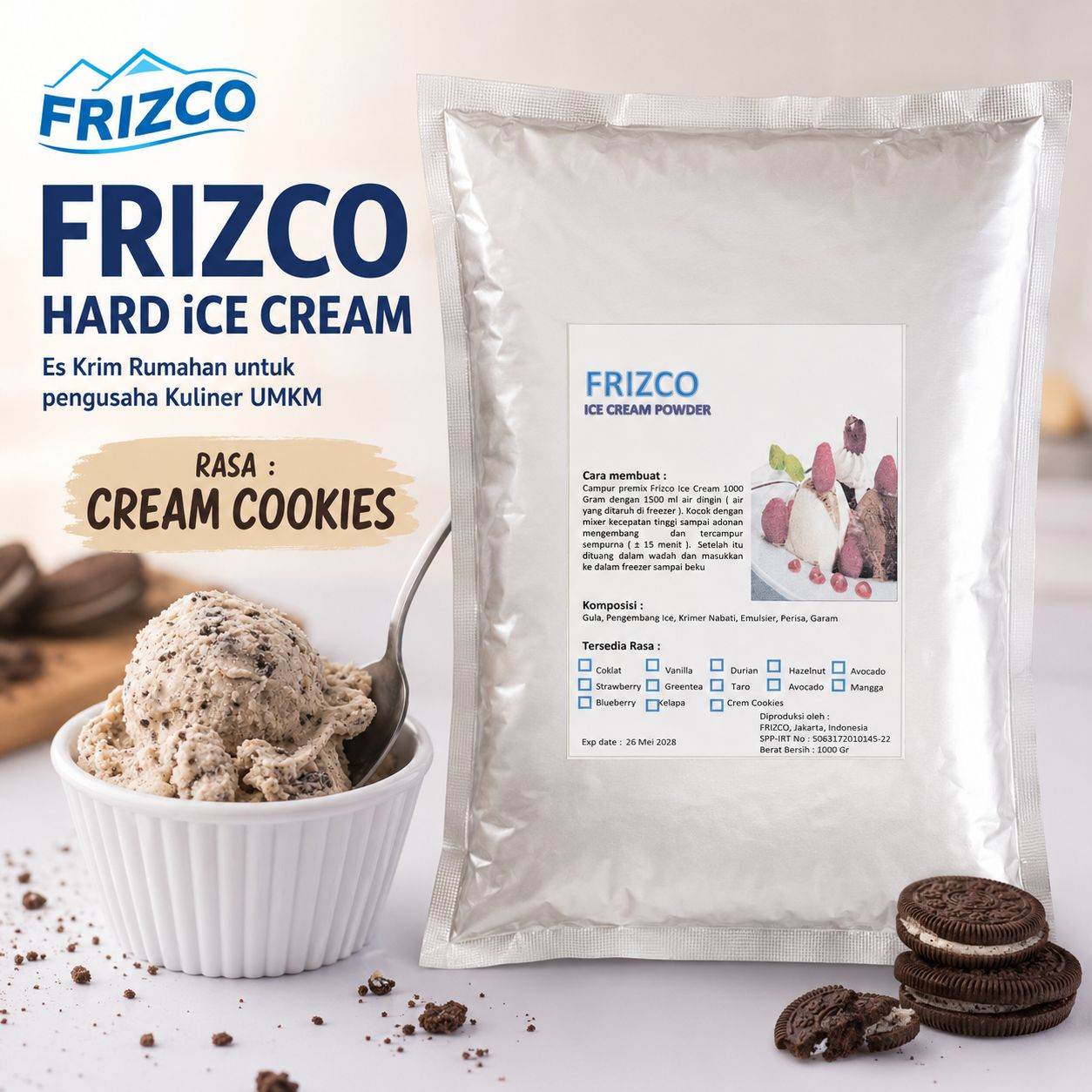 CREAM COOKIES Frizco 1KG Hard Ice cream Bubuk Eskrim mixer rumahan UMKM