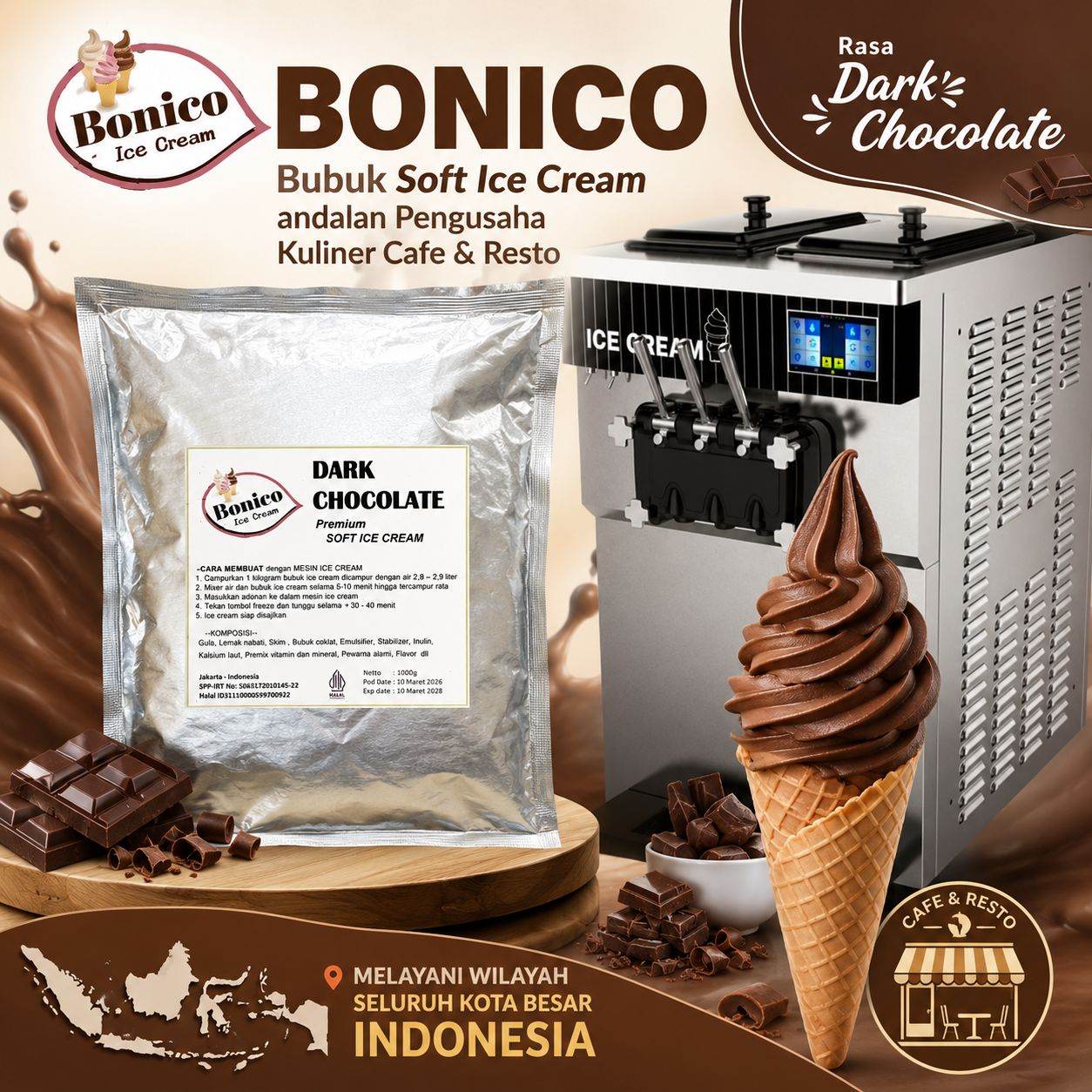 Bonico GOLD DARK COKLAT Soft ice cream powder 1kg es krim bubuk soft serve DARK CHOCOLATE