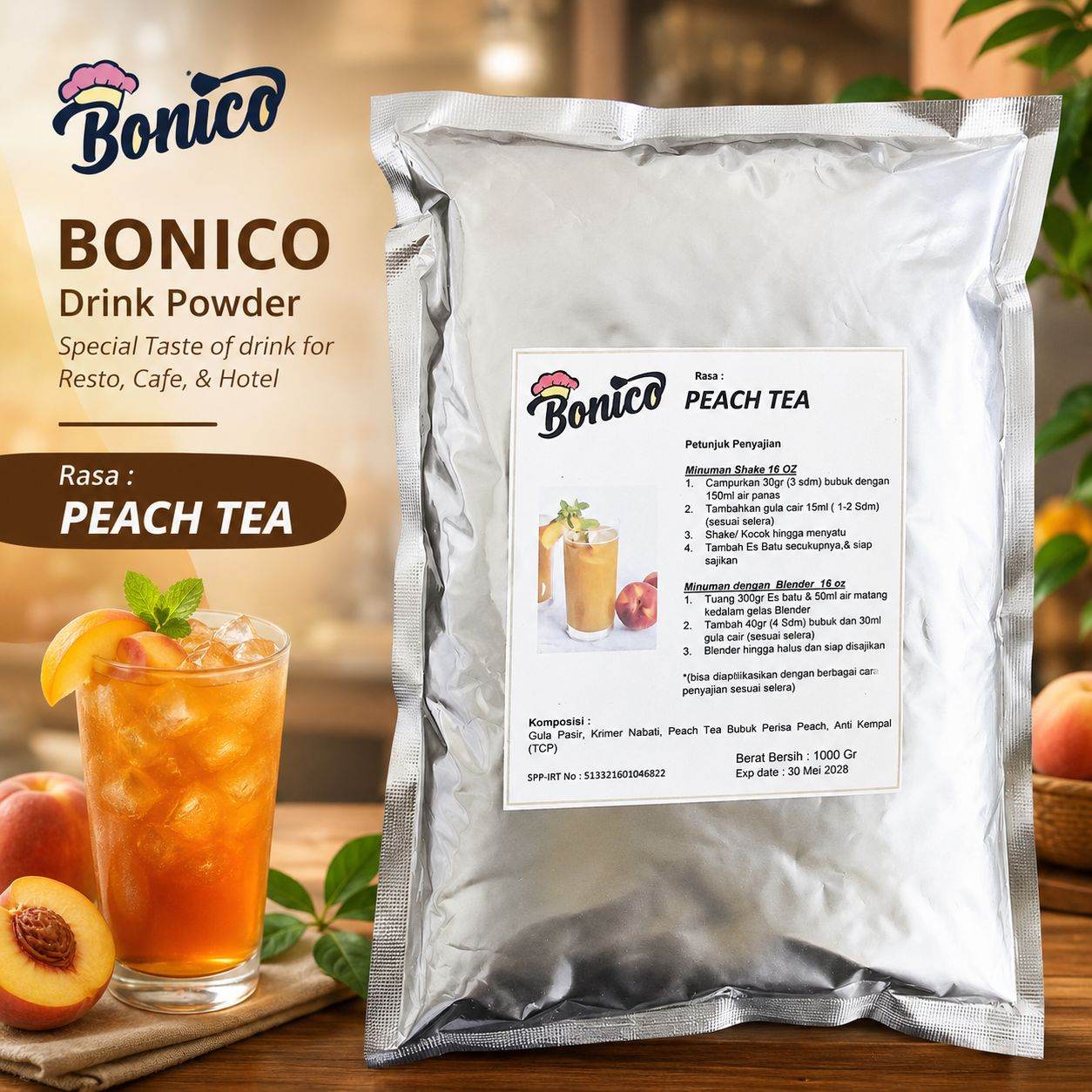 PEACH TEA Bubuk Minuman Bonico 1Kg drink powder kedai UMKM Cafe Resto TEH PERSIK (Salinan)