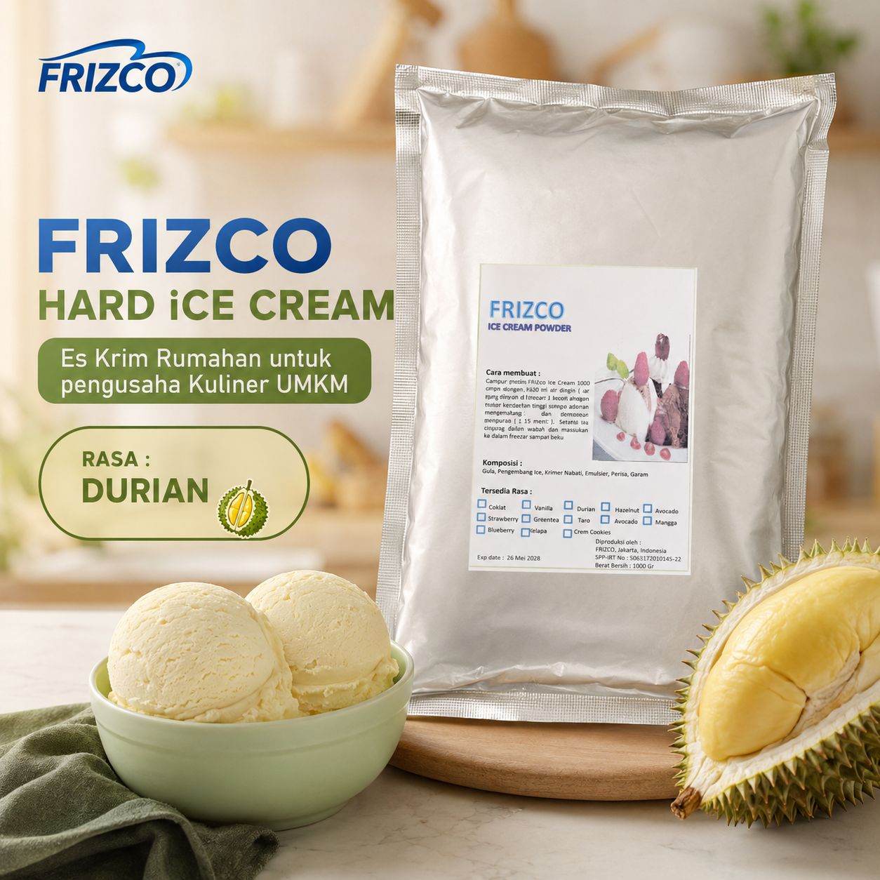 DURIAN Frizco 1KG Hard Ice cream Bubuk Eskrim mixer rumahan UMKM DUREN