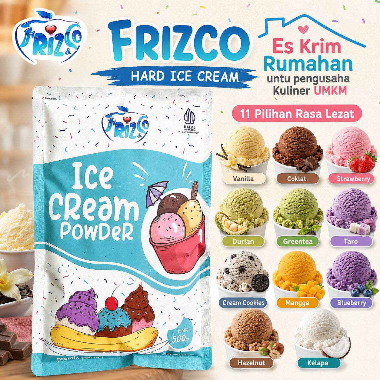 HAZELNUT Frizco 1KG Hard Ice cream Bubuk Eskrim mixer rumahan UMKM