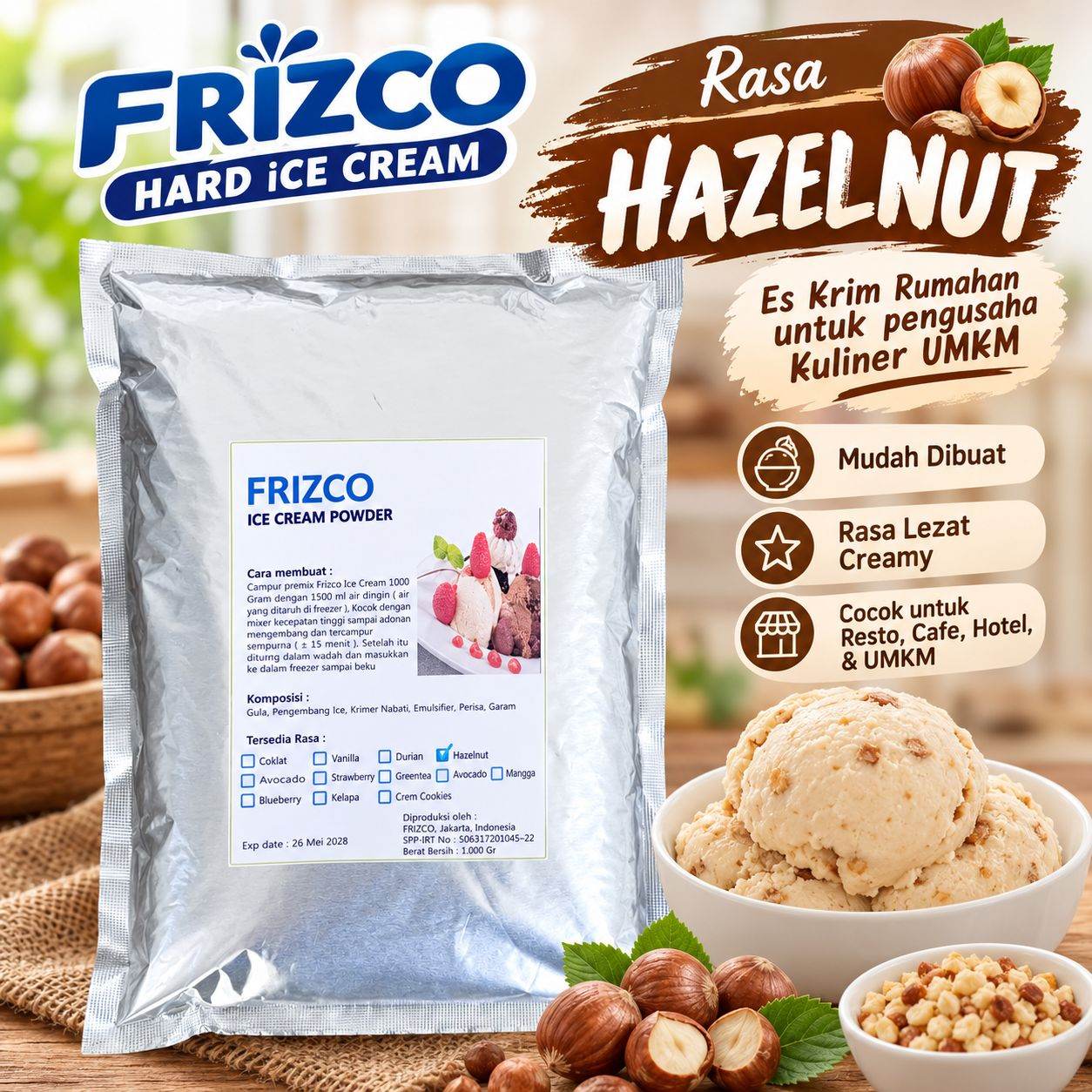 HAZELNUT Frizco 1KG Hard Ice cream Bubuk Eskrim mixer rumahan UMKM