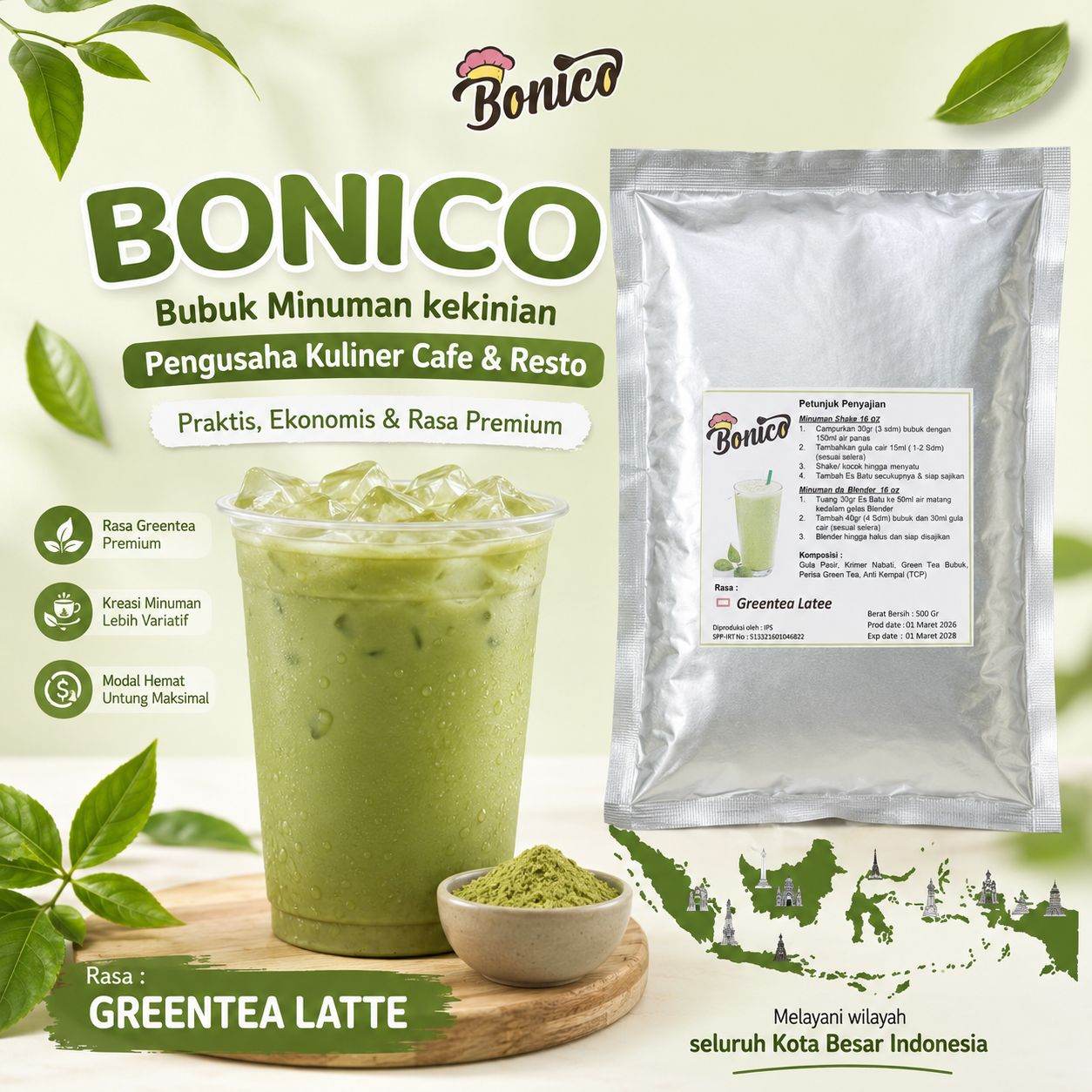GREENTEA LATTE 500gr Bubuk Minuman Bonico, serbuk drink powder