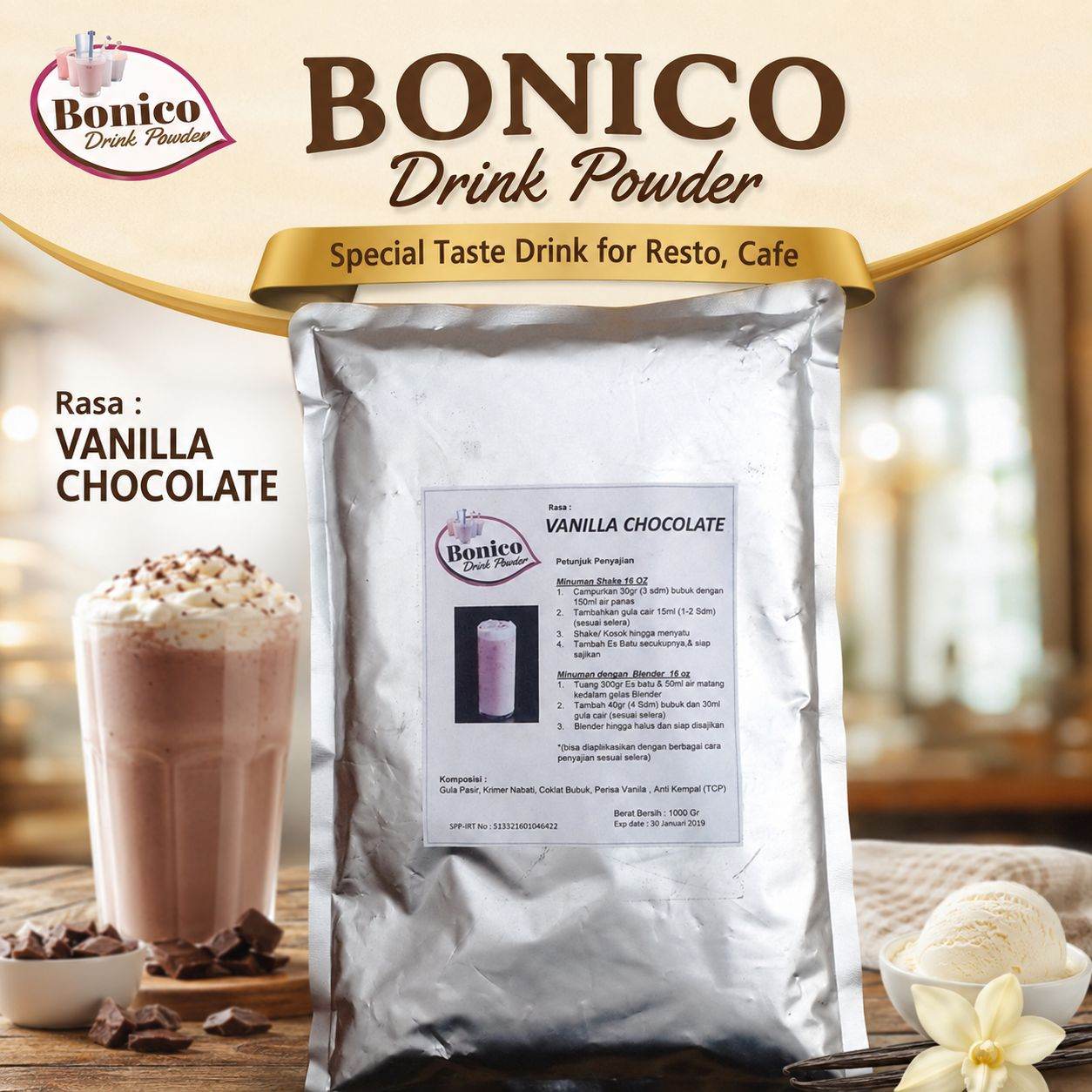 VANILLA COKLAT 500gr Bubuk Minuman Bonico, serbuk drink powder
