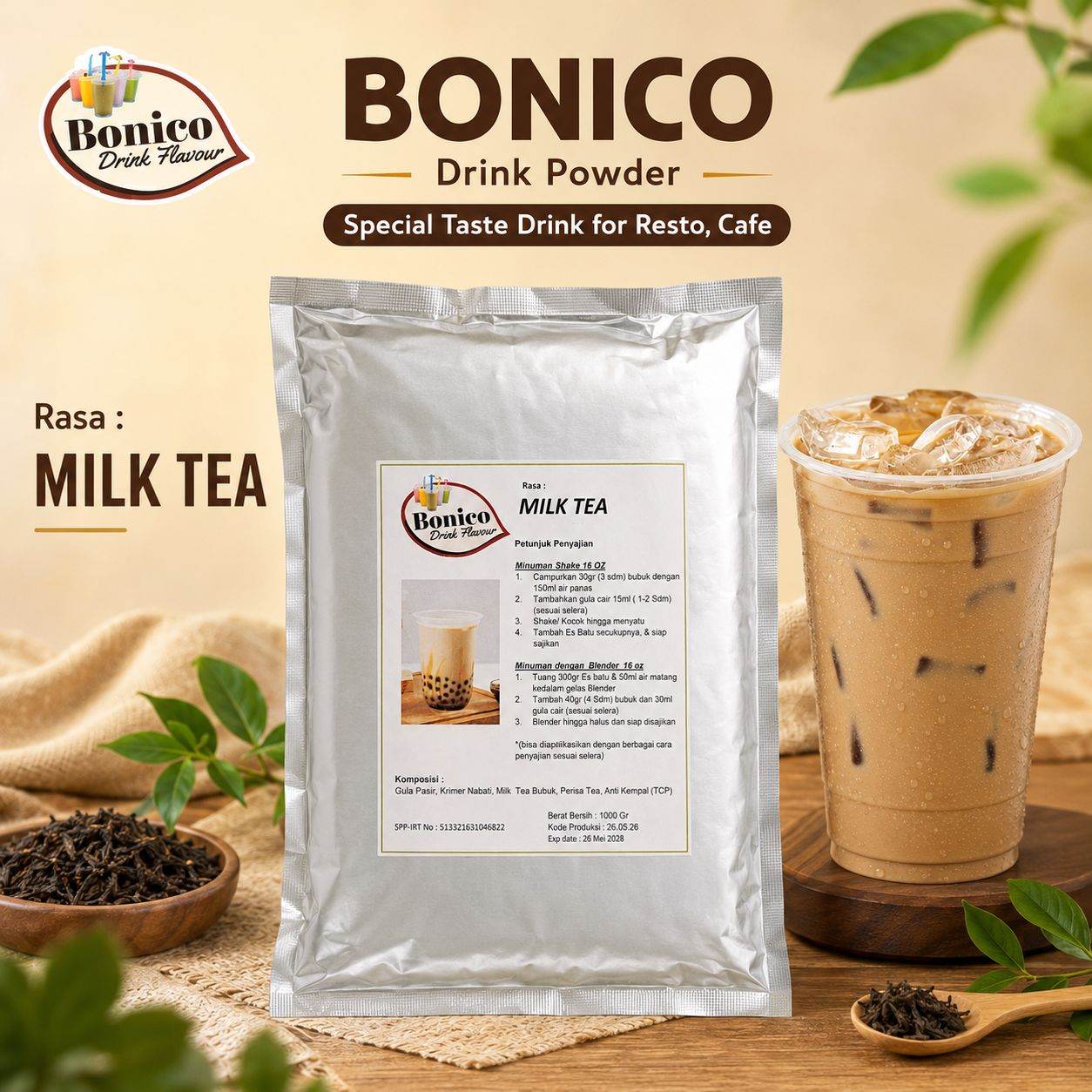 MILK TEA Bubuk Minuman Bonico 1Kg drink powder kedai UMKM Cafe Resto TEH SUSU