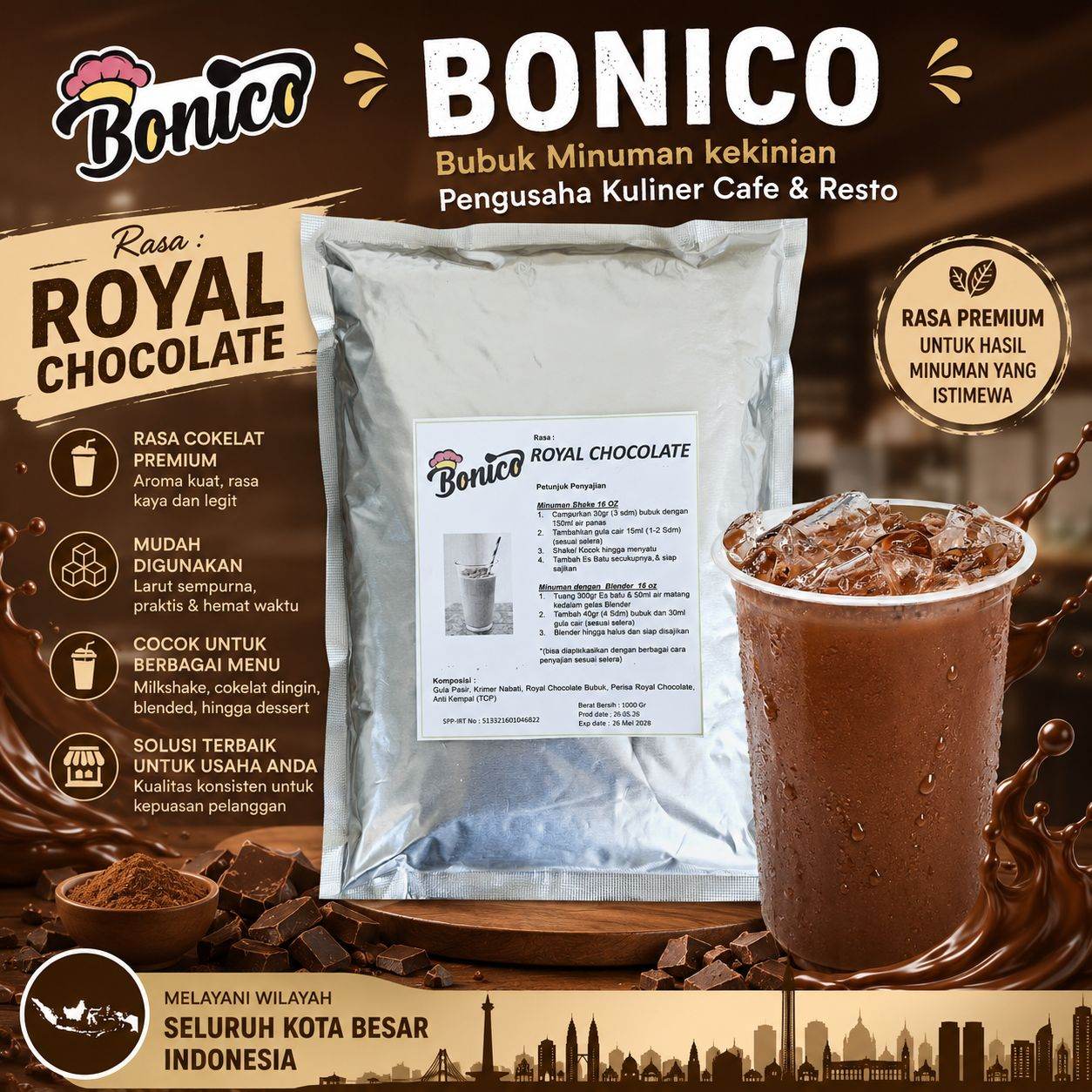 HAZELNUT CHOCOLATE  Bubuk Minuman Bonico 1Kg drink powder kedai UMKM Cafe Resto COKLAT COKELAT