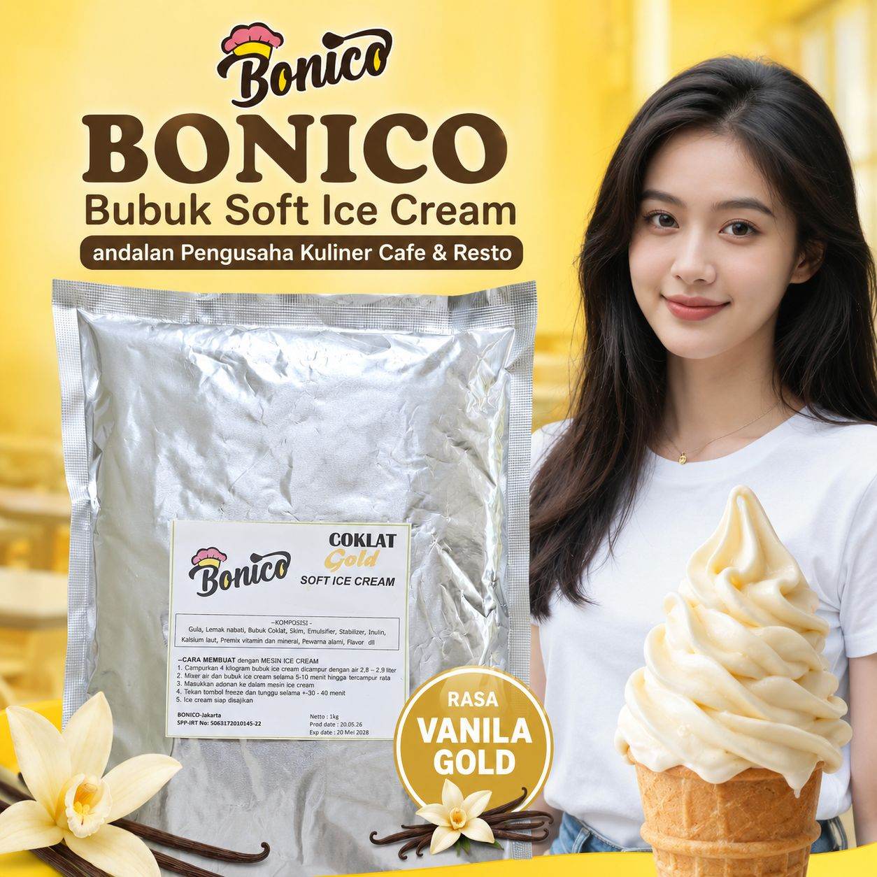 Bonico GOLD VANILLA Soft ice cream powder 1kg es krim bubuk soft serve