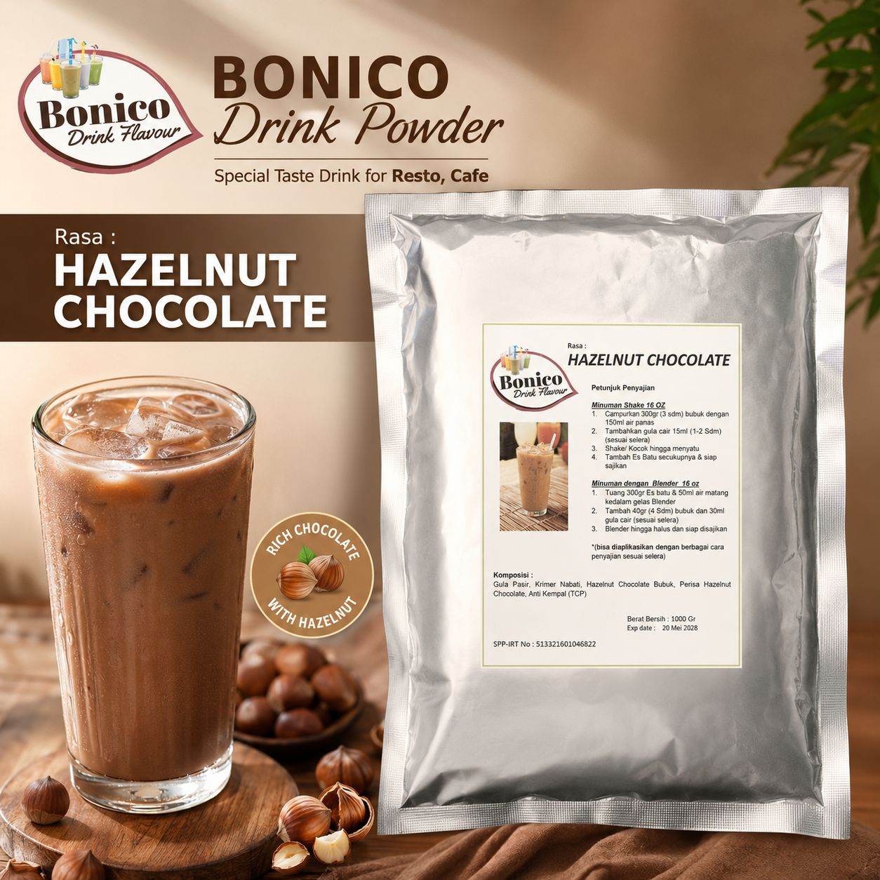 HAZELNUT COKLAT 500gr Bubuk Minuman Bonico, serbuk drink powder